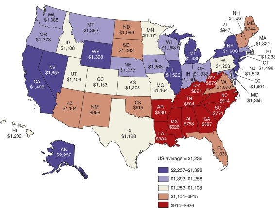 Regarding per capita earnings on the map of the U.S.in 1950, what region was in the lowest category?   A) the northeast B) the southeast C) the southwest D) the Great Plains states