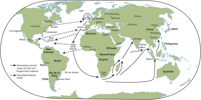 Arrows on the map representing colonial control and that era are focused in   A) the Pacific. B) the Atlantic. C) the Indian Ocean. D) the Arctic.