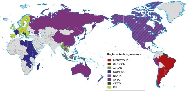 According to the map of regional trade blocs, which area of the world has no affiliation?   A) most of Asia B) Europe C) much of the Americas D) much of central Asia and Africa