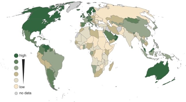 The map of subjective global 'happiness' shows   A) no correlation between development and well-being. B) some correlation between development and well-being. C) a fairly strong relationship between development and well-being. D) many countries which are apparently suicidal.