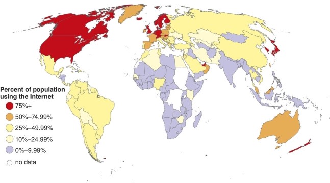 According to the map portraying Internet usage which area is not as likely to have Internet users?   A) the U.S.and Canada B) Japan and South Korea C) Germany and Sweden D) Italy and Spain