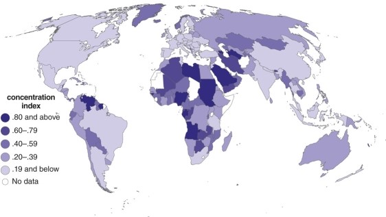 The map of commodity export countries shows   A) that they are generally found in higher latitudes on the Earth. B) they are mostly found in southern South America. C) that the world's most developed regions are not involved in single commodity export. D) most of Asia's countries fall into this category.