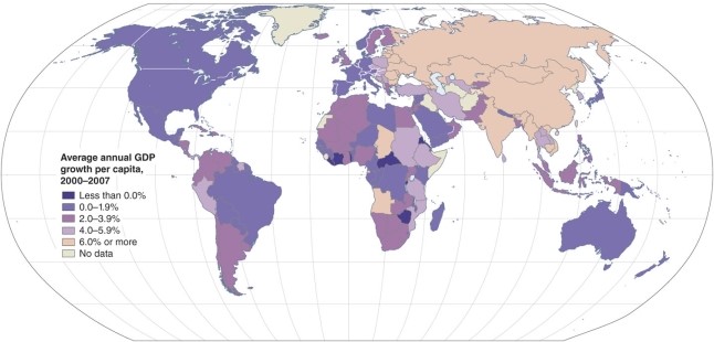 <strong>On the map of overall GDP growth, the deepest purple represents </strong> A)the best performance in growth. B)the worst growth performance. C)moderate growth performance. D)the color has nothing to do with performance.