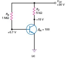 In order to calculate the collector current for the circuit shown in Figure 8-2 (a) ,you must   A)  divide 15 V by 100. B)  multiply the base current by 100. C)  multiply 0.7 V by 100. D)  divide 30 V by 5 kW.