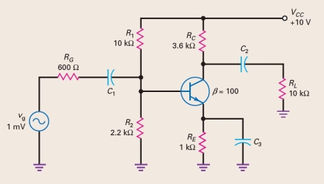 The circuit shown in Figure 8-30 has an ac emitter voltage of 0.75 mV and an ac collector voltage of 5 mV.What is the trouble?   A)  C<sub>3</sub> open B)  C<sub>3</sub> shorted C)  C<sub>2</sub> open D)  C<sub>2</sub> shorted