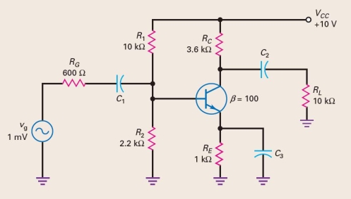 In the circuit shown in Figure 8-30,if the collector voltage is 0 V and the base voltage is 0 V,what is the trouble?   A)  1 mV generator open B)  C<sub>1</sub> open C)  C<sub>3</sub> shorted D)  +10 V supply is faulty