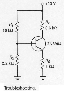 In the circuit shown in Figure 7-26,if the base voltage measured 0 V and the emitter voltage measured 0 V,what should the troubleshooter do?   A)  replace the transistor B)  replace R<sub>E</sub> C)  check R<sub>1</sub> D)  check voltage source and leads