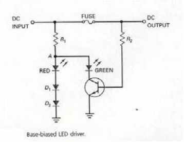 In Figure 7-5,when the fuse is not blown   A)  the transistor is biased on and the green LED illuminates. B)  the transistor is biased off and the green LED illuminates. C)  the transistor is biased on and the red LED illuminates. D)  the transistor is biased off and the red LED illuminates.