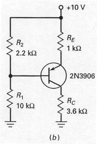 In order to calculate the base voltage for the circuit shown in Figure 7-29 (b)    A)  divide R<sub>2</sub> by the sum of R<sub>1</sub> and R<sub>2</sub> and then multiply by 10 V. B)  divide R<sub>1</sub> by the sum of R<sub>1</sub> and R<sub>2</sub> and then multiply by 10 V. C)  divide R<sub>C</sub> by the sum of R<sub>E</sub> and R<sub>C</sub> and then multiply by 10 V. D)  divide R<sub>E</sub> by the sum of R<sub>E</sub> and R<sub>C</sub> and then multiply by 10 V.