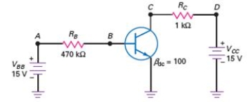 What is the possible problem if B is equal to 0 V and C is equal to 15 V?   A)  transistor is shorted B)  R<sub>B</sub> is open C)  V<sub>CC</sub> is 0 V D)  transistor is blown open