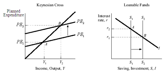 Use the following to answer questions : Exhibit: Keynesian Cross and Loanable Funds    -(Exhibit: Keynesian Cross and Loanable Funds) Both graphs illustrate the inverse relationship between the equilibrium interest rate and the equilibrium level of income.Planned expenditures increase in the Keynesian-cross model as a result of ______,and saving increases in the loanable funds model as a result of ______. A)  an increase in taxes; an increase in real money balances B)  a decrease in the interest rate; an increase in income C)  a decrease in velocity; an increase in government spending D)  an increase in the interest rate; a decrease in income