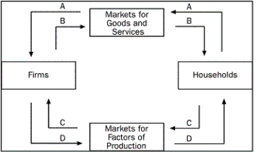 Figure 2-1   -Refer to Figure 2-1. Which arrow shows the flow of the factors of production? A) arrow A B) arrow B C) arrow C D) arrow D
