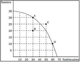 Figure 2-4   -Refer to Figure 2-4. What is the opportunity cost in terms of toothbrushes of getting 10 additional toasters by moving from point B to point A? A) 20 toothbrushes B) 10 toothbrushes C) 5 toothbrushes D) zero, since the economy has the additional resources to produce 10 additional toasters