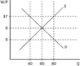 Figure 28-2   -Refer to Figure 28-2. If the minimum wage fell from $7 to $5, what would happen to unemployment? A) It would fall by 20. B) It would fall by 40. C) It would be unchanged. D) It would rise by 20.