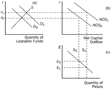 Figure 32-3   -Refer to Figure 32-3. Which of the following is consistent with capital flight from Mexico? A) The real exchange rate of the peso appreciates from E<sub>0</sub> to E<sub>1</sub>. B) The real exchange rate of the peso depreciates from E<sub>0</sub> to E<sub>1</sub>. C) The real exchange rate of the peso appreciates from E<sub>1</sub> to E<sub>0</sub>. D) The real exchange rate of the peso depreciates from E<sub>1</sub> to E<sub>0</sub>.