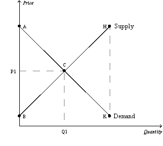 Figure 7-18   -Refer to Figure 7-18.If the government mandated a price increase from P1 to a higher price,then A)  total surplus would decrease. B)  consumer surplus would increase. C)  total surplus would increase,since producer surplus would increase. D)  total surplus would remain unchanged.
