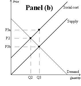 Figure 10-9       -Refer to Figure 10-9.Which graph represents a market with a positive externality? A)  Panel (a)  B)  Panel (b)  C)  Panel (c)  D)  Both (b) and (c) are correct.