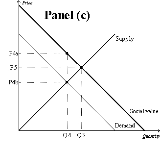 Figure 10-9       -Refer to Figure 10-9.Which graph represents a market with a positive externality? A)  Panel (a)  B)  Panel (b)  C)  Panel (c)  D)  Both (b) and (c) are correct.