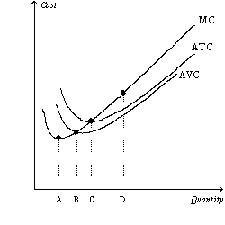 Figure 13-7   -Refer to Figure 13-7.The efficient scale of production occurs at which quantity? A)  A B)  B C)  C D)  D