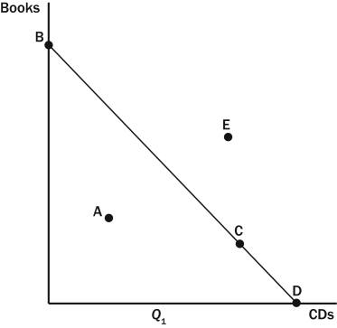 Figure 21-1   -Refer to Figure 21-1.A consumer that chooses to spend all of her income could be at which point(s) on the budget constraint? A)  A only B)  E only C)  B,C,or D only D)  A,B,C,or D only