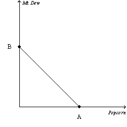 Figure 21-5   -Refer to Figure 21-5.Suppose a consumer has $200 in income,the price of popcorn is $1,and the price of Mt.Dew is $2.What is the value of A? A)  200 B)  100 C)  50 D)  25