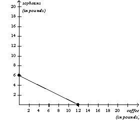 Figure 3-8        -Refer to Figure 3-8.If Chile and Colombia each divides its time equally between making coffee and making soybeans,then total production is A)  12 pounds of coffee and 12 pounds of soybeans. B)  14 pounds of coffee and 9 pounds of soybeans. C)  16 pounds of coffee and 6 pounds of soybeans. D)  28 pounds of coffee and 18 pounds of soybeans.