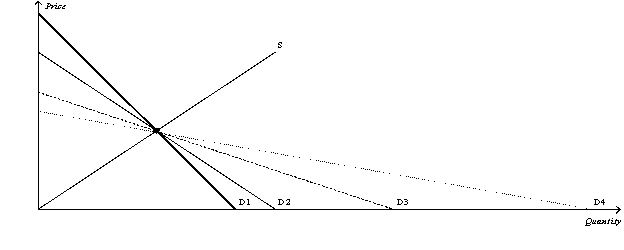 Figure 8-15   -Refer to Figure 8-15.Suppose the government imposes a $1 tax in each of the four markets represented by demand curves D1,D2,D3,and D4.The deadweight will be the smallest in the market represented by A)  D1. B)  D2. C)  D3. D)  D4.