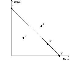 Figure 21-2   -Refer to Figure 21-2.Which of the following statements is correct? A)  Points W,X,and Y all cost the consumer the same amount of money. B)  Point V is unaffordable for the consumer given his budget constraint. C)  Point Z costs less than point V. D)  Points W,X,and Y give the consumer the same level of satisfaction.
