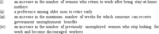 All else equal,which of the following would increase the unemployment rate?   A)  (i) and (ii) only B)  (iii) only C)  (ii) and (iii) only D)  (ii) , (iii) ,and (iv) only