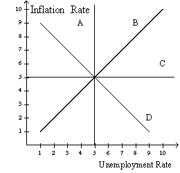 Figure 22-4   -Refer to figure 22-4. In this order, which curve is a long-run Phillips curve and which is a short-run Phillips curve? A) A, B B) A, D C) C, B D) None of the above is correct.