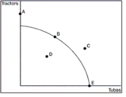 Figure 2-3   -Refer to Figure 2-3.Which point represents the maximum possible production of tubas? A)  point A B)  point B C)  point C D)  point E