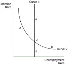 Figure 16-2   -Refer to the Figure 16-2.What is Curve 1? A)  the long-run aggregate-supply curve B)  the short-run aggregate-supply curve C)  the long-run Phillips curve D)  the short-run Phillips curve