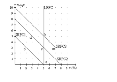 Figure 16-4   -Refer to the Figure 16-4.At point b,how do actual and expected inflation rates and unemployment rates compare? A)  The actual inflation rate is less than the expected inflation rate,and the actual rate of unemployment exceeds the natural rate of unemployment. B)  The actual inflation rate is greater than the expected inflation rate,and the actual rate of unemployment exceeds the natural rate of unemployment. C)  The actual inflation rate is less than the expected inflation rate,and the actual rate of unemployment is less than the natural rate of unemployment. D)  The actual inflation rate is greater than the expected inflation rate,and the actual rate of unemployment is less than the natural rate of unemployment.