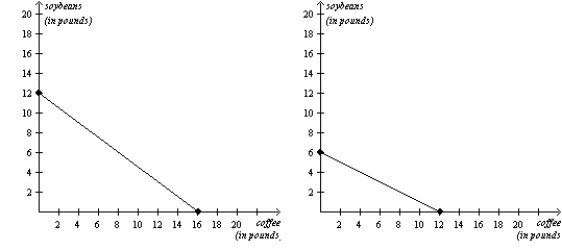 Figure 3-8 Chile's Production Possibilities Frontier Colombia's Production Possibilities Frontier   -Refer to Figure 3-8. If Chile and Colombia each divides its time equally between making coffee and making soybeans, then total production is A)  12 pounds of coffee and 12 pounds of soybeans. B)  14 pounds of coffee and 9 pounds of soybeans. C)  16 pounds of coffee and 6 pounds of soybeans. D)  28 pounds of coffee and 18 pounds of soybeans.