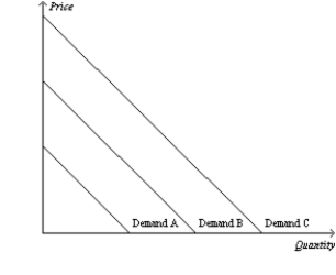 Figure 4-5   -Refer to Figure 4-5. Which of the following would cause the demand curve to shift from Demand C to Demand A in the market for tennis balls in the United States? A)  an increase in the price of tennis balls B)  a decrease in the price of tennis racquets C)  an expectation by buyers that their incomes will increase in the very near future D)  a decrease in the number of people in the United States under age 70