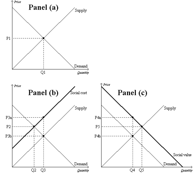 Figure 10-9    -Refer to Figure 10-9. The overuse of antibiotics leads to the development of antibiotic-resistant diseases. Therefore, the market for antibiotics is shown in A)  Panel a) . B)  Panel b) . C)  Panel c) . D)  Both b)  and c)  are correct.