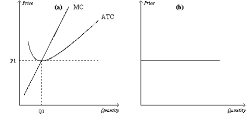 Figure 14-12 -Refer to Figure 14-12. If the figure in panel a)  reflects the long-run equilibrium of a profit-maximizing firm in a competitive market, the figure in panel b)  most likely reflects   A)  perfectly inelastic long-run market supply. B)  perfectly elastic long-run market supply. C)  the entry of firms into the industry when some resources used in production are available only in limited quantities. D)  the fact that zero profits cannot be sustained in the long run.