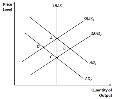 Figure 33-10.   -Refer to Figure 33-10. If the economy starts at point A, a short-run fall in output would be consistent with a movement to point A)  A. B)  B. C)  C. D)  D.