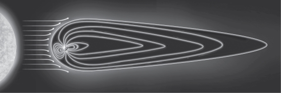 <strong>The image below shows Earth's magnetic field. Earth's magnetic field lines are distorted (i.e., not symmetrical) because </strong> A)Earth is rapidly rotating around the sun. B)Earth is rotating on an internal axis. C)convection is occurring in the outer core. D)solar wind warps Earth's magnetic field lines.