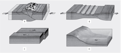 Which picture illustrates a likely outcome of compression in the crust?   A) A B) B C) C D) D