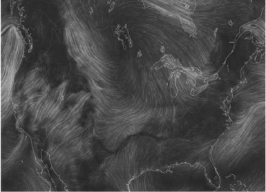 Look closely at the wind map below. The winds are represented by the swirling lines. The __________lines indicate a __________ wind speed.   A) closely spaced thin; slower B) farther-spaced thick; slower C) closely spaced thick; faster D) farther-spaced thin; faster