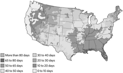Using the figure below, where are thunderstorms most likely to occur in the United States?   A) Idaho B) Pennsylvania C) Nebraska D) Florida