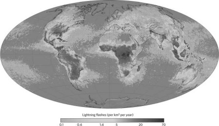 Based on the information given in the image below, it can be said that thunderstorms are   A) evenly distributed across all of the land areas of the world. B) most prevalent in coastal regions. C) concentrated in certain regions. D) more common during certain times of the year.