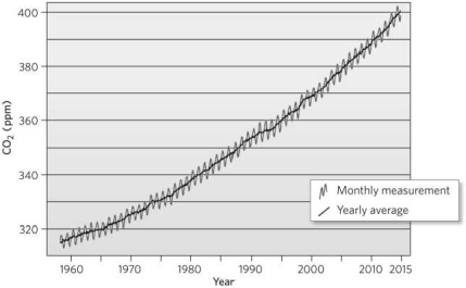 The image below is of the Keeling Curve. This tells us that the concentration of carbon dioxide in the Earth's atmosphere over the past 50 years   A) is increasing. B) is decreasing. C) is constant. D) fluctuates on a 10-year cycle.
