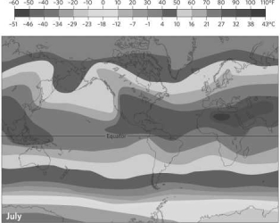 Based on the image below, which region of the planet experiences the warmest temperatures in July?   A) Mexico B) northern Africa C) central Africa D) southern Africa