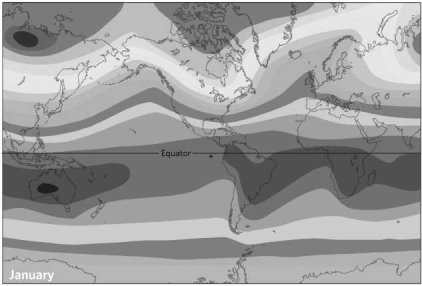 Based on the image below, which region of the planet experiences temperatures most similar to those of the western United States in January?   A) Mexico B) Europe C) western South America D) India