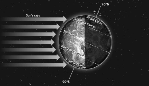 In the illustration below, which part of Earth is receiving the most sunlight?   A) Tropic of Capricorn B) South Pole C) equator D) Tropic of Cancer