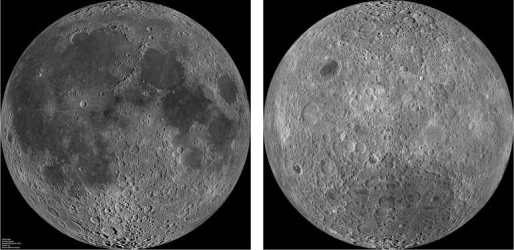<strong>The pictures below show the near side of the moon and the far side of the moon. Why does the near side appear darker than the far side? </strong> A)The far side of the moon is brighter because it receives more regular solar radiation. B)The far side of the moon is characterized by the lunar highlands, which are relatively rugged and have a high albedo. C)The near side of the moon is characterized by the maria, which has a high albedo. D)The near side of the moon is marked by large impact craters, which tend to be dark.