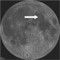 Observe the image of the moon below. The feature the arrow is pointing to is likely a(n)    A) large volcanic crater. B) prominent erosional feature. C) impact crater. D) lunar regolith.