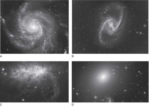 Identify which galaxy type matches each image below.   A) A = spiral; B = barred spiral, C = irregular, D= elliptical B) A = barred spiral; B = spiral, C = irregular, D= elliptical C) A = barred spiral; B = irregular, C = elliptical, D = spiral D) A = irregular; B = spiral, C = barred spiral, D= elliptical